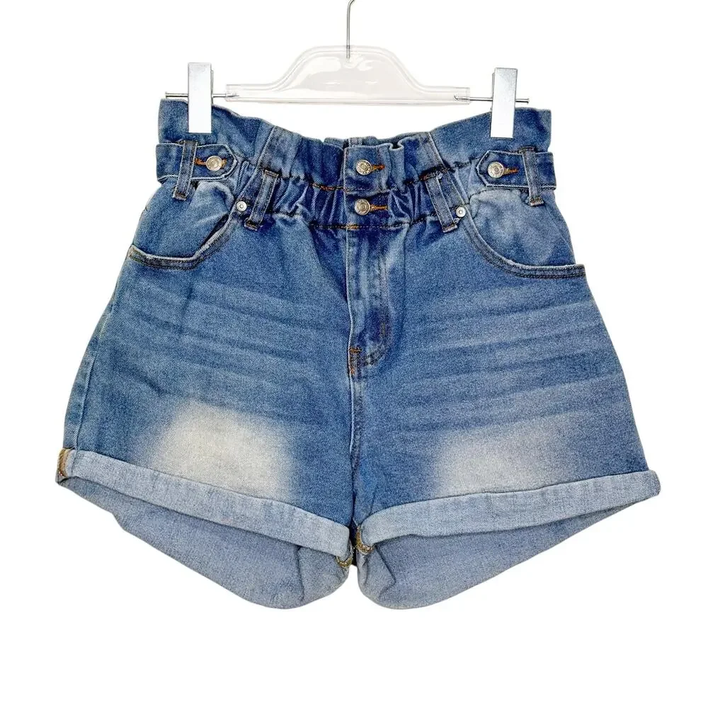 ALMOST FAMOUS Denim Paperbag Shorts Elastic Waist High Rise Blue Womens Size L